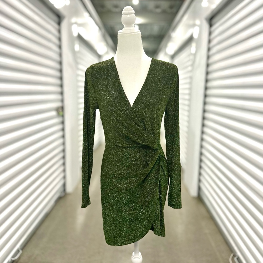 NWT - Mango - Shimmering Olive Long Sleeve Wrap Dress -6